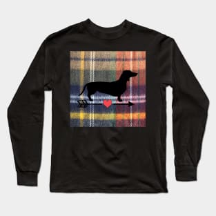 Dachshund Wiener Dog Cute Gift Graphic Art Design, Weenie with Heart Arrow on Plaid Graphic Long Sleeve T-Shirt